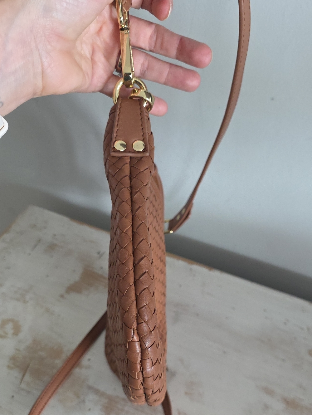 Quince Italian Handwoven Leather Mini Shoulder Bag In Cognac - Picture 8 of 16